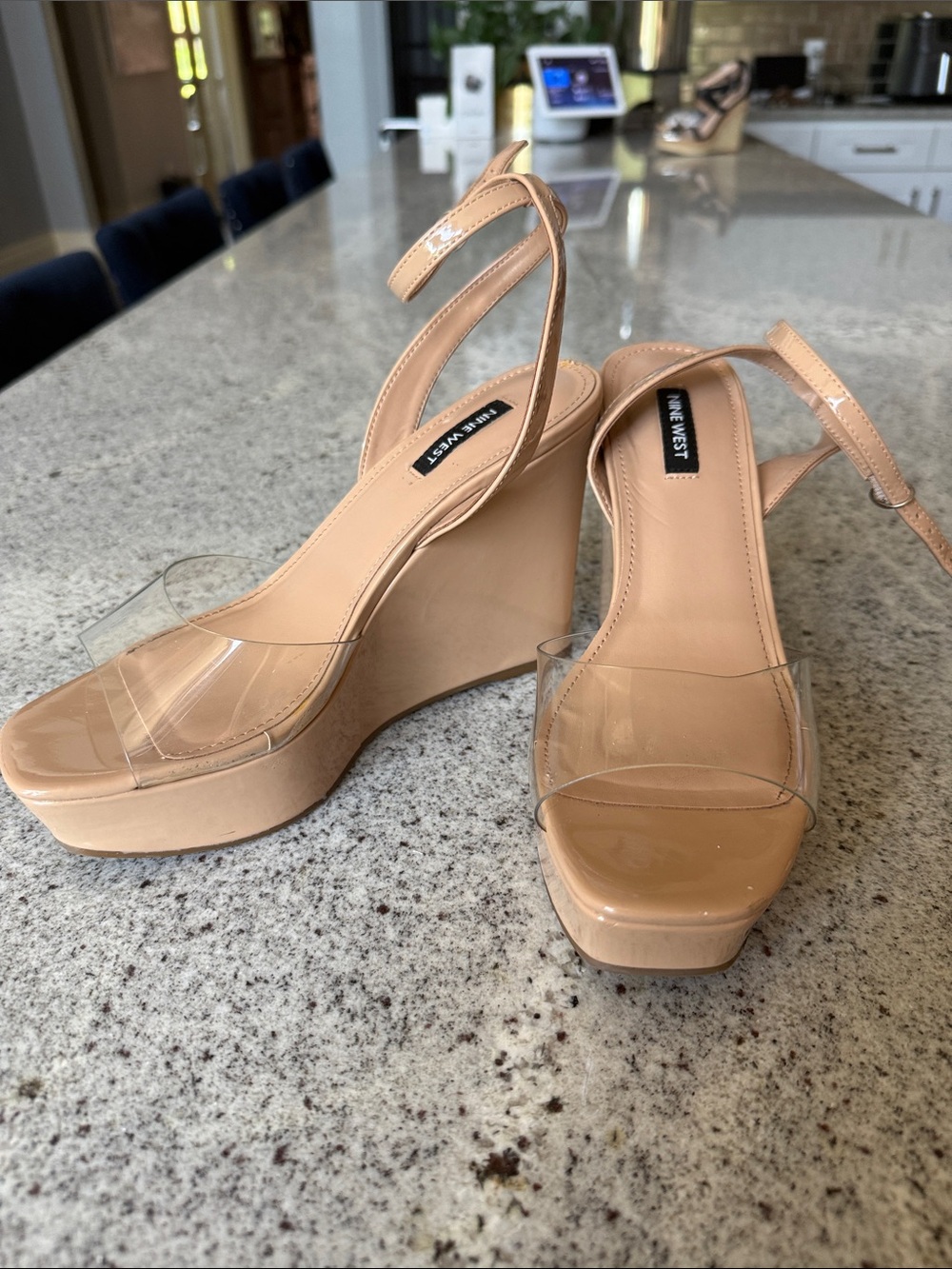 Nine West Beige Patent Platform Wedge Sandals with Clear Straps